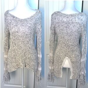 Fringe Knit Crochet Sleeves Reverse V on back Boho Hippie Western Y2K Vibe Sz XS